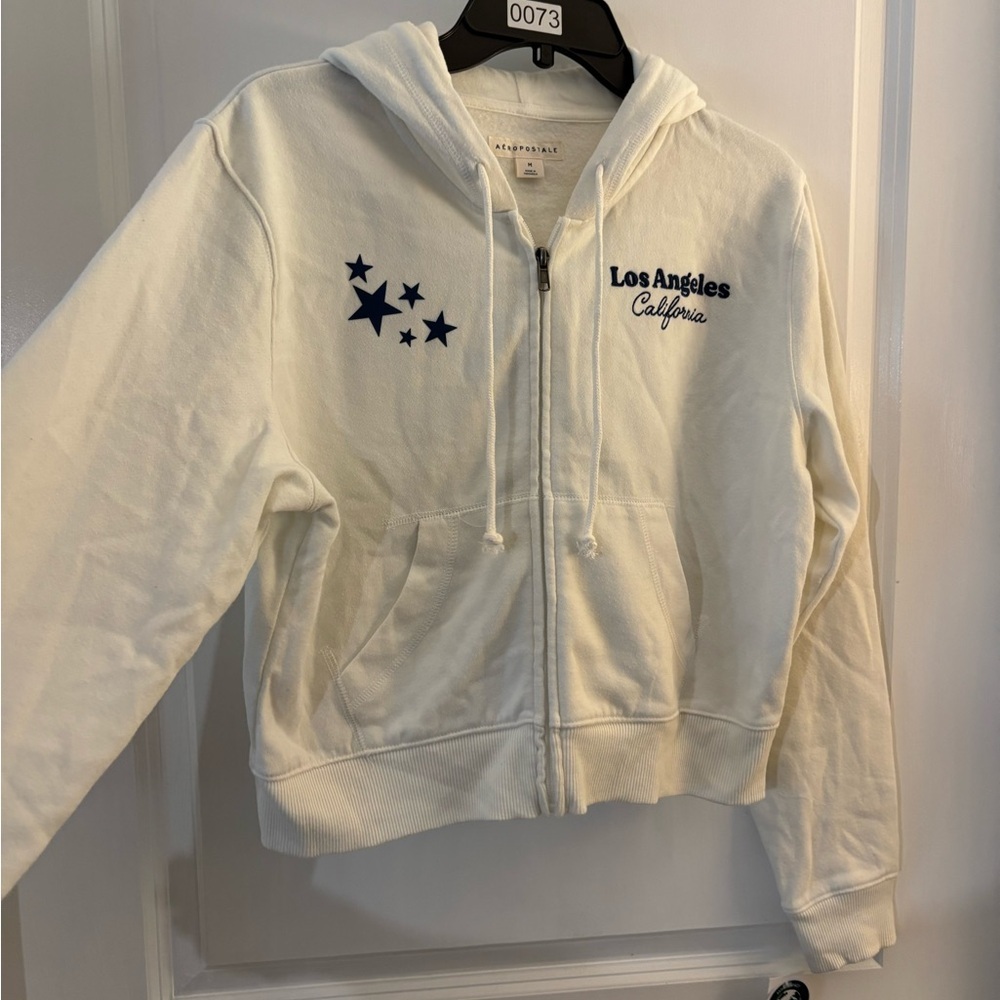 Aeropostale Los Angeles California Cream Zip Hoodie with Navy Star Accents Sz  M - Picture 4 of 6